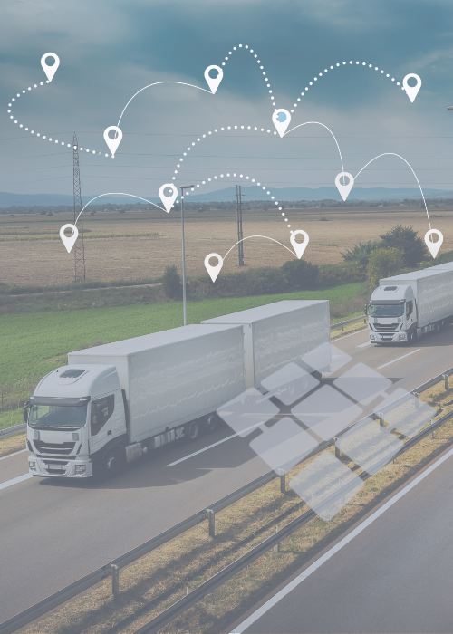 Caminhão em rota com pontos de geolocalização visíveis, representando rastreamento operações via sistema de webtracking